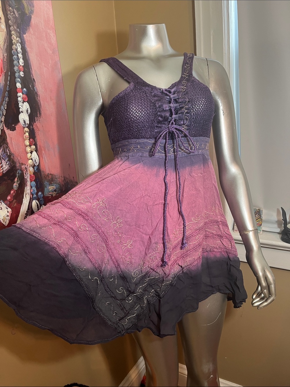 Fashion Terminal fairy bohemian Boho Lace-Up Purple Ombre Sundress pink small